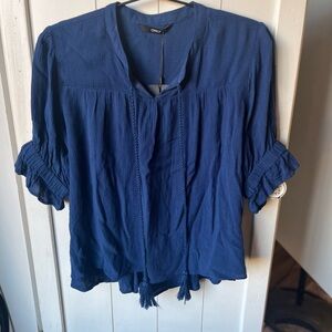 ONLY Blue Ruffled Tie Front Blouse with Mandarin Collar